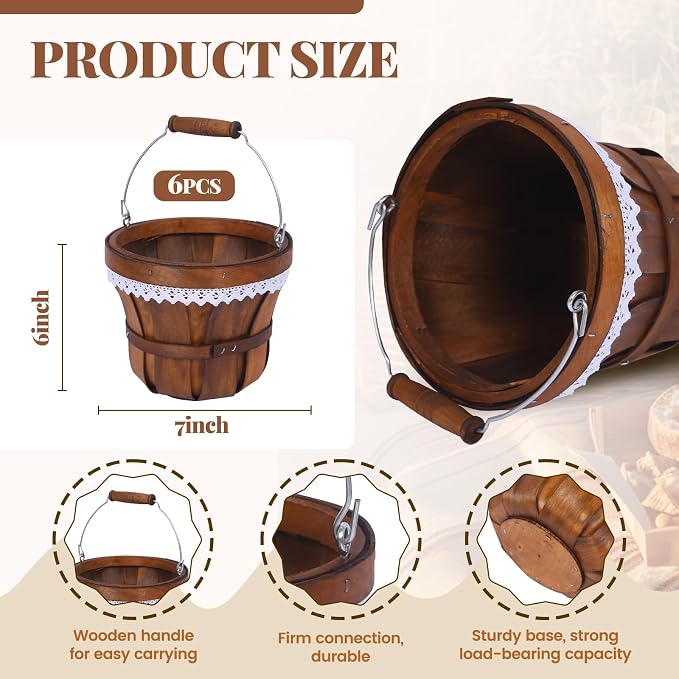 Wooden Baskets 7" x 6", 6 Pack Brown Apple Harvest Baskets | Round Handled Baskets Hold Produce, Flowers, Easter Eggs Or Favors for Farms, Markets, Weddings, Parties and Decor - Image 3