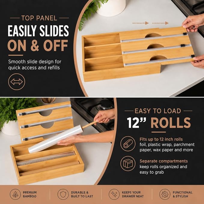 3-in-1 Bamboo Kitchen Wrap Organizer | Wall, Drawer & Counter | Serrated Cutter | Fits Any 12" Roll | Avero Brands - Image 6