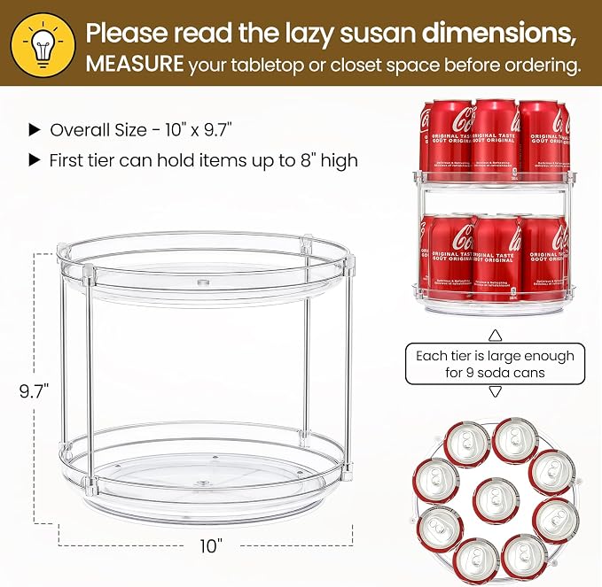 2 Tier Non-Skid Acrylic Lazy Susan Organizer - Rotating Spice Rack - Turntable Organization for Kitchen, Pantry, Countertop, Closet, Bathroom, Vanity, Medicine Cabinet Organizing,10'' - Image 2