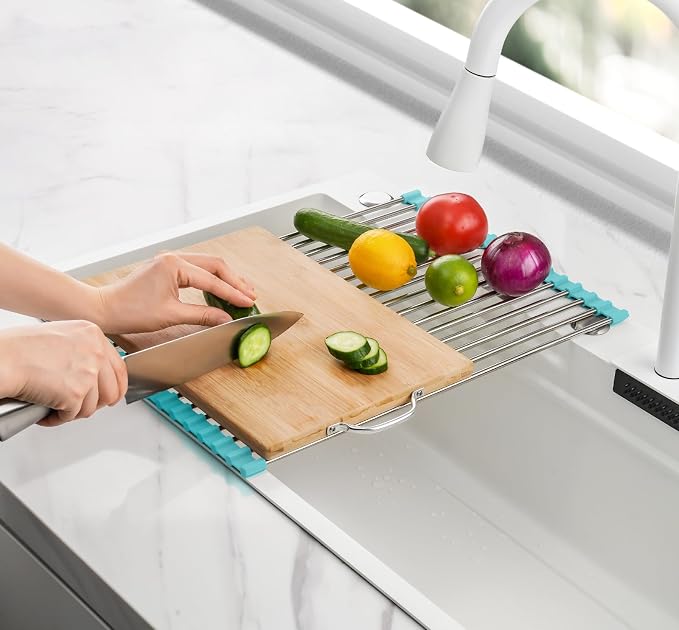 Tomorotec Roll Up Dish Drying Rack Over Sink, 304 Steel, 17.7x12.5, Green | Anti-Slip Silicone Rims For Grip, Heat-Resistant Trivet Mat Holding Heavy Cookware, Rustproof Kitchen Counter Space Saver - Image 7
