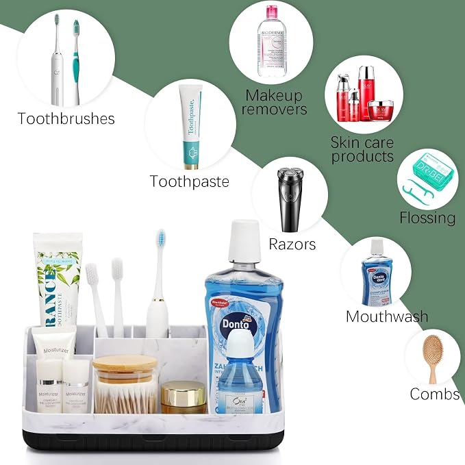 GFWARE Marble Bathroom Countertop Organizer - Detachable 7 Slots Kids Electric Toothbrush and Toothpaste Holde Drainage for Bathroom Accessories Organization Counter Vanity Storage, Black | Detachable 7 Slots Kid Electric Toothbrush and Toothpaste Hold... - Image 5
