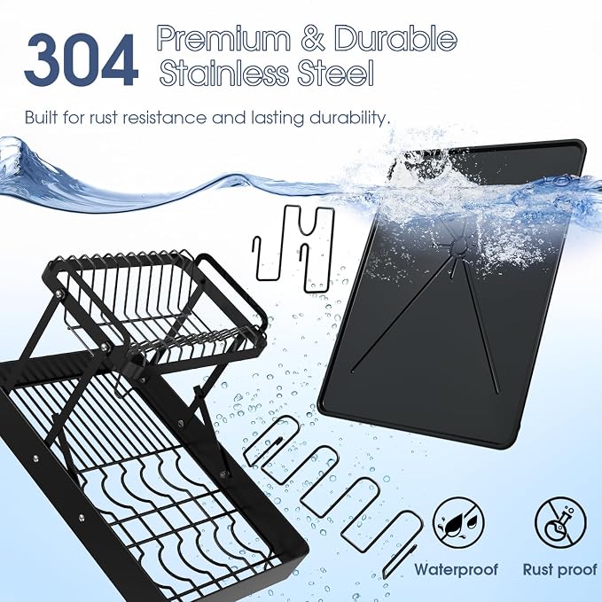 Dish Drying Rack for Kitchen Counter, Stainless Steel 2 Tier Dish Rack w Drainboard, Foldable 360° Rotatable & Expandable Drainer, Space-Saving Dish Strainers for Kitchenware - Image 6