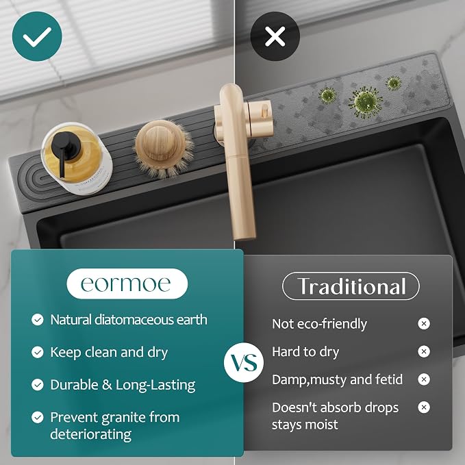 Diatomite Kitchen Faucet Mat - 14Inch Water Absorbing Stone Tray for Sink, Stone Fast-Drying Faucet Mat for Kitchen Counter Sink Accessories (Dark Grey, 14'' x 3.9'') - Image 6