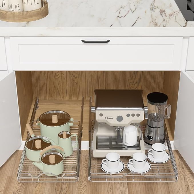 OCG Pull Out Cabinet Organizer 2 Pack (21" W x 21" D), Pull out Shelves 1 Tier, Cabinet Slide Out Shelves for Base Cabinet Organization in Kitchen Bathroom Pantry, Bottom Mount, Chrome Finish - Image 4