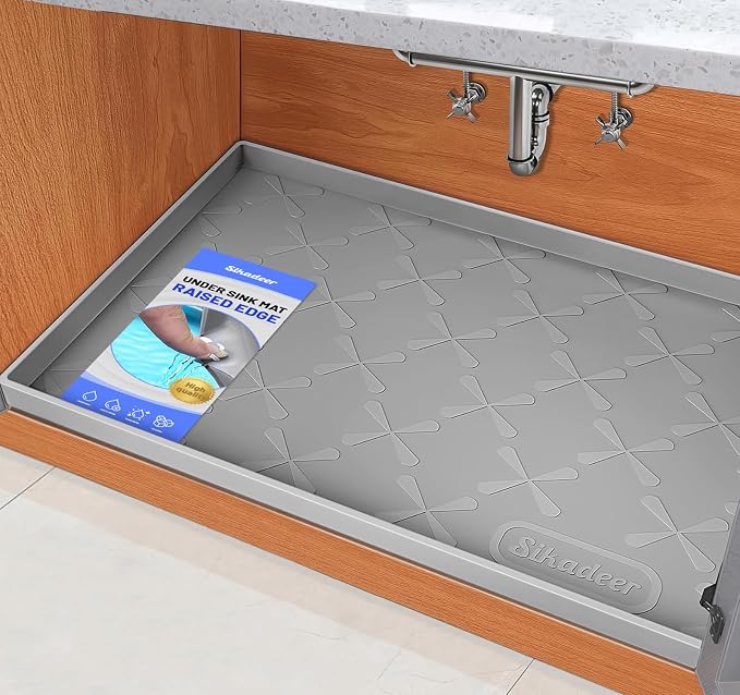 Waterproof Under Sink Mat 25" x 22" Silicone Mat Cabinet Protector | Heavy Duty Kitchen Cabinet Liner, Easy Press Drain, Home Essentials for Pet Feeding, Boots, Bathroom, Organizers & Storage by SIKADEER