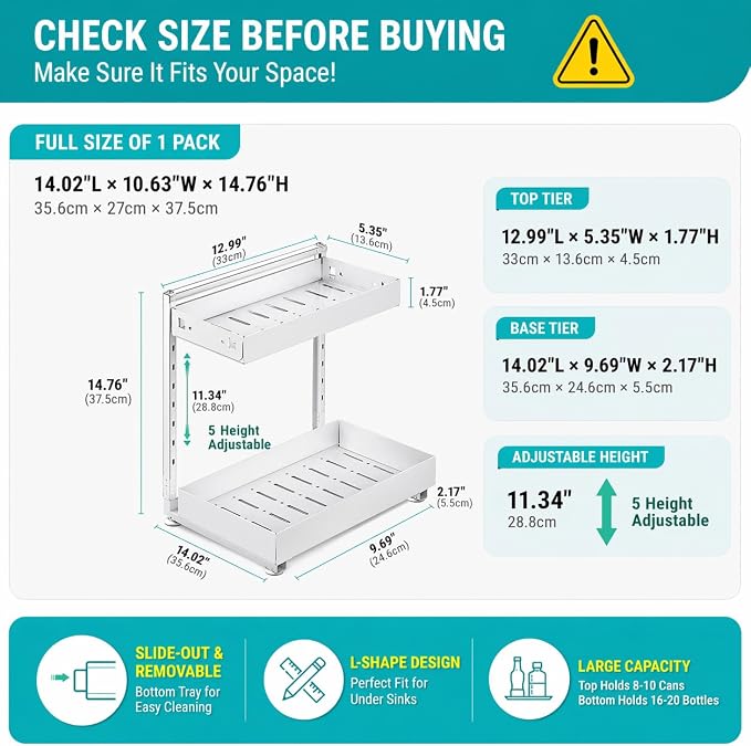 Under Sink Organizer 2 Pack, 2-Tier Metal Slide-Out, Height Adjustable | 2-pack pull-out under sink shelf, 2-tier cream white metal, adjustable height, fits U-pipes, 50lbs hold - Image 6