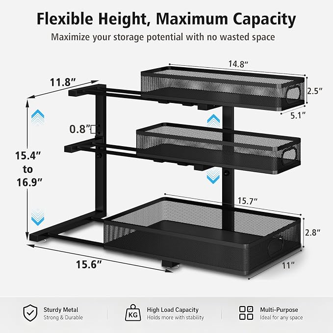 Under Sink Organizer, 3 Tier Pull Out Cabinet Organizer with 5 Adjustable Heights, Metal Under Sink Storage with Sliding Drawers for Kitchen, Bathroom, Pantry and Laundry Room, 2-Pack Black - Image 3
