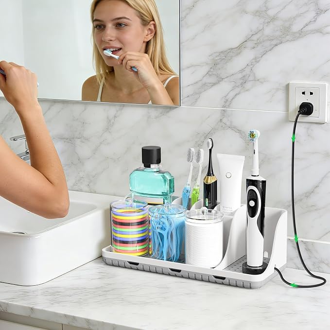 Bathroom Counter Organizers and Storage with 3 PCS Qtip Holder (White) | Easy To Clean, Drainage, Non-Slip, Detachable, 6 Slots Toothbrush Holders for Bathrooms - Image 2