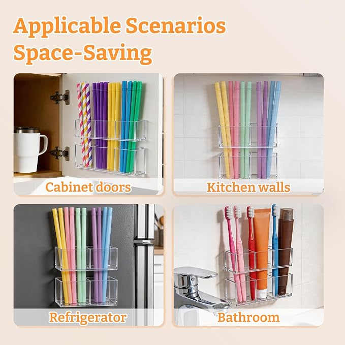 Small Acrylic Straw Holder for Cabinet Door, Adjustable Two-Part | 2 Pack Reusable Straws Organizer with Ultra Sticky Adhesive Strips, 2026 Straw Storage for Kitchen Cupboard - Image 8