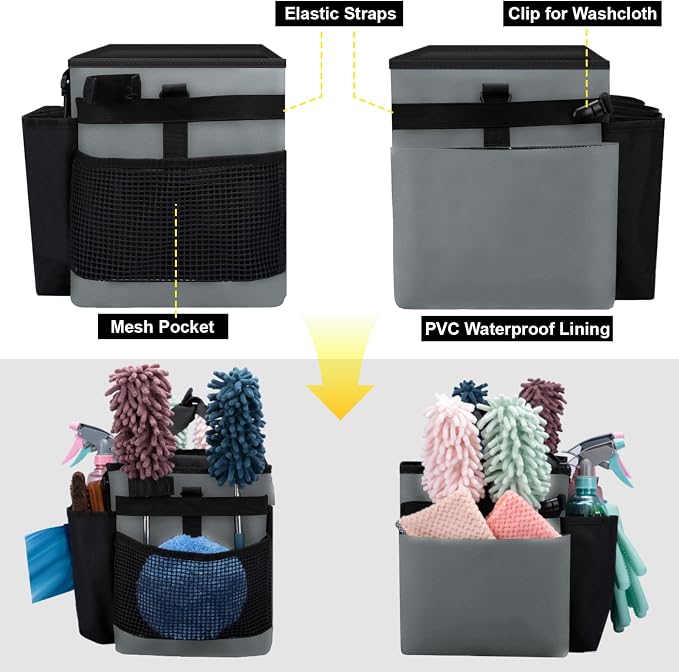 Wearable Large Cleaning Caddy Bag for Housekeepers (Black&Gray) | Cleaning Supplies Organizer with Adjustable Shoulder, Waist & Handle Straps, Detailing Bag for Kitchen Supplies - Image 5