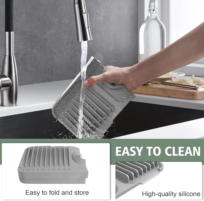 14.6-Inch Kitchen Sink Splash Guard Mat | 7° Slope for Fast Self-Draining | Snap-Lock Design | Universal & Cuttable Silicone Faucet Mat GRAY - Image 7
