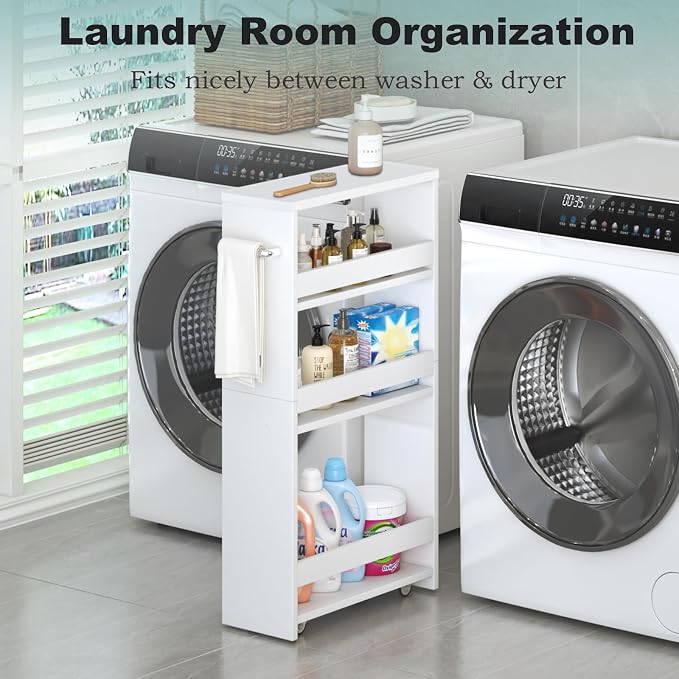MARTY Slim Rolling Storage Cart, Wood Utility Kitchen Bathroom Laundry Cart | 4 Tier Kitchen Cart with Wheels Handle, Laundry Room Organization, Narrow Bathroom Storage Cabinet, 5.5" Wide Storage Trolley - Image 4