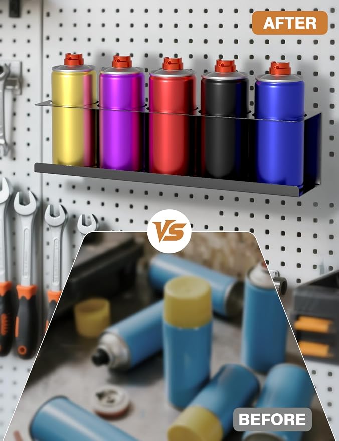 sogiv 6 Pack Spray Can Holder Organizer, Wall-Mounted Steel Spray Bottle Rack, Tool Box Storage Rack, 5 Cans Metal Paint Can Organizer for Garage, Workspace, Shop, Home or Tool Trailer, Black - Image 4
