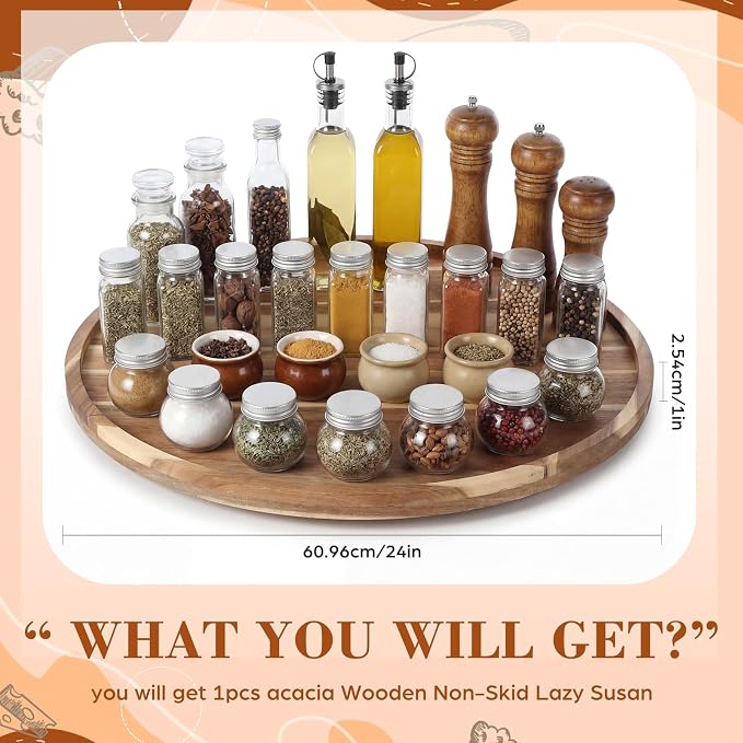 24'' Wood Lazy Susan for Countertop Acacia Large Turntable Rotating Serving Tray for Table Top Non Skid Kitchen Tray Revolving Condiment Spice Rack Table Organization Storage, Natural - Image 4