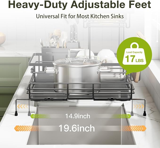 2-Tier Expandable Dish Drying Rack for Kitchen Counter, Black | Large Capacity Dish Rack Organization, Heavy-Duty Carbon Steel, 17 lbs Capacity, Swivel Drain Spout & Cup Hooks - Image 5