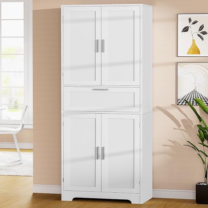 Iwell 67" Tall Storage Cabinet with Adjustable Shelf & 1 Large Drawer, Pantry Cabinet with 4 Doors, Kitchen Cabinets for Dining Room, Living Room, Home Office, White | Adjustable Shelf - Image 2