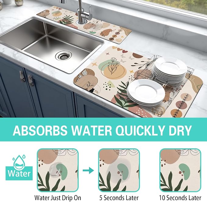 Dish Drying Mat for Kitchen Counter Matt, 2PCS 19"x12" Dish Drainer Mat & 24"x5.5" Sink Splash Guard, Super Absorbent Non-slip Rubber Backed - Image 3
