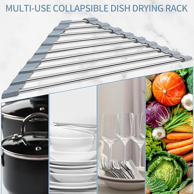 Triangle Roll-Up Dish Drying Rack | 304 Stainless Steel, Folding, Over Sink Mat Drainer, Kitchen Sink Organizer, Right-Angle Drainer, Sink Drain Basket - Image 7