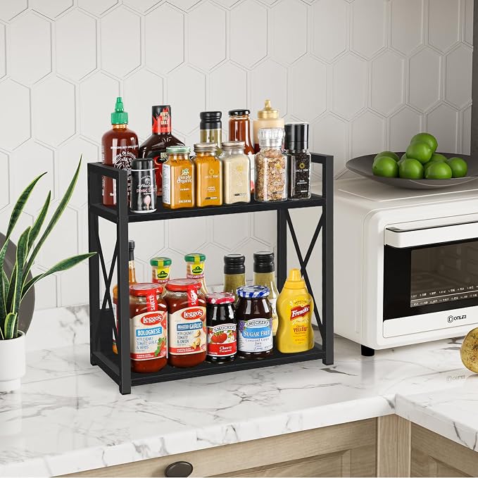 YINMIT Kitchen Countertop Organizer,Spice Rack,Coffee Bar Shelf Organizer | 2-Tier Coffee Station,Seasoning Storage,Syrup,Mug Cup,Bottle Holder,Bathroom Vanity,Pantry,Bedroom and Office,Black,Large - Image 4