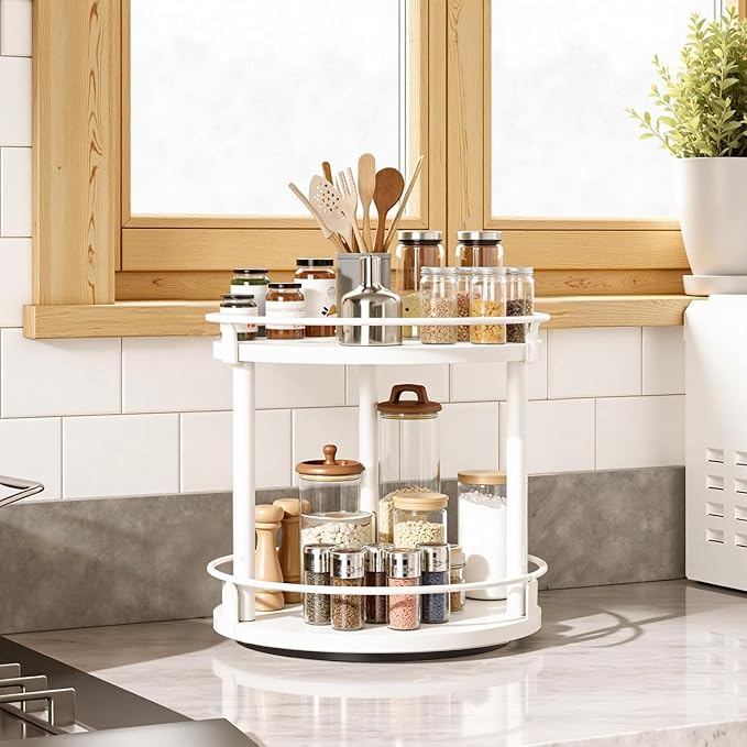 Lazy Susan Organizer, Rotating Spice Rack, 2 Tier Spice Turntable Organizer, Industrial Turntable Spice Holder, for Kitchen Countertop, Compact and Versatile, White SR22WW - Image 2