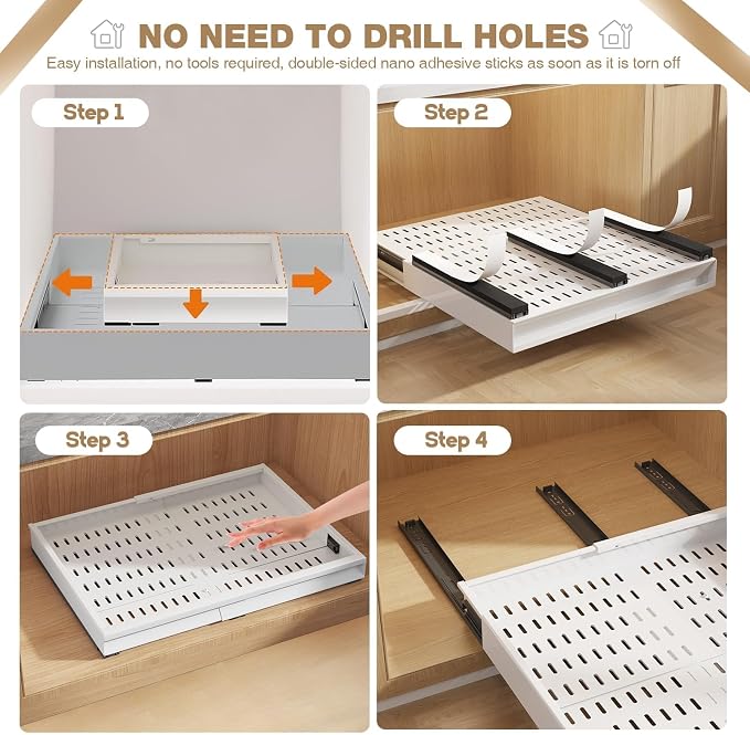 Seinloes Pull Out Cabinet Organizer, 4-Side Expandable to Fit Most Cabinets, 3 Rail Slide Out Drawers with Raising Pad for Framed & Frameless Cabinets, 11"-16" W x 13"-17" D, White, 2 Pack - Image 8