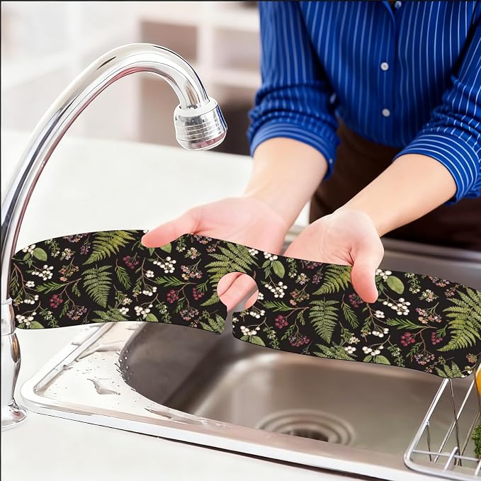 2 Pcs Kitchen Sink Splash Guard Faucet Mat Vintage Fern and Berries Pattern Faucet Mat for Sinks Absorbing Drying Mat for Kitchen Bathroom, 23.6x5.5inch - Image 6