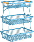 3 Tier Fruit Basket for Kitchen Counter with 2 Banana Hangers, Countertop Metal Fruit Bowl with Wooden Handle, Large Storage Stand for Vegetables, Snacks, Breads, Produce Storage – Blue by Unknown