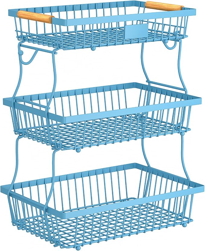 3 Tier Fruit Basket for Kitchen Counter with 2 Banana Hangers, Countertop Metal Fruit Bowl with Wooden Handle, Large Storage Stand for Vegetables, Snacks, Breads, Produce Storage – Blue by Unknown