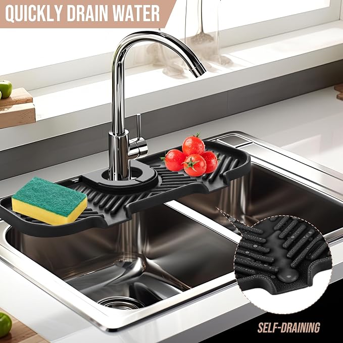 Teenyyou 2 Pcs Silicone Faucet Splash Guard 10.6 ” x 4.3” Kitchen Sink Splash Guard Faucet Mat for Kitchen Mat Catcher Black and Grey Sink Accessories for Bathroom - Image 4