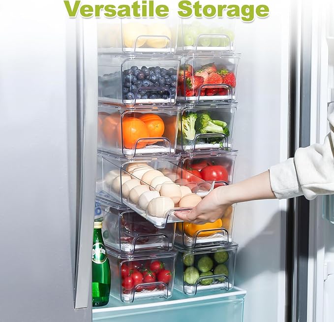 4-Pack Refrigerator Drawer Organizer Bins, Clear Stackable Pull Out Fridge Organizers and Storage Container, with Strainer Layer for Fruits, Vegetables, Drinks, Snack and Food - Image 7