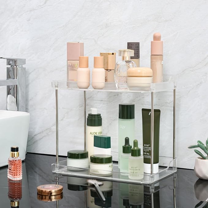 Clear Acrylic Bathroom Counter Organizers and Storage Tray, 2 Tier Makeup,Perfume,Skincare Organizer Shelf & Vanity Storage for Bedroom and Counter Top Spice Racks for Kitchen Corner,Rectangle - Image 7