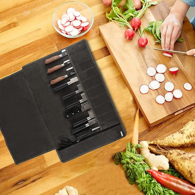Chef’s Knife Roll Bag,Waxed Canvas Knife Cultery Carrier, Portable Chef Knife Cases,Knife Pouch Holders With 10 Slots Plus 1 Zipper Pockets Can Hold Home Kitchen Knife Tools Up To 18.8” - Image 7
