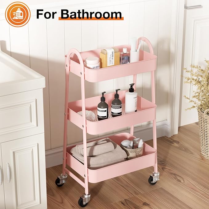 NEWBULIG 3-Tier Metal Rolling Cart with Lockable Wheels, Heavy Duty Mobile Utility Storage Shelf, Roller Book Snack Cart, Organization for Livingroom, Bathroom, Office, Pink | Mobile Organizer Shelf, Space-Saving, Freestanding, Bathroom, Living Room, S... - Image 5
