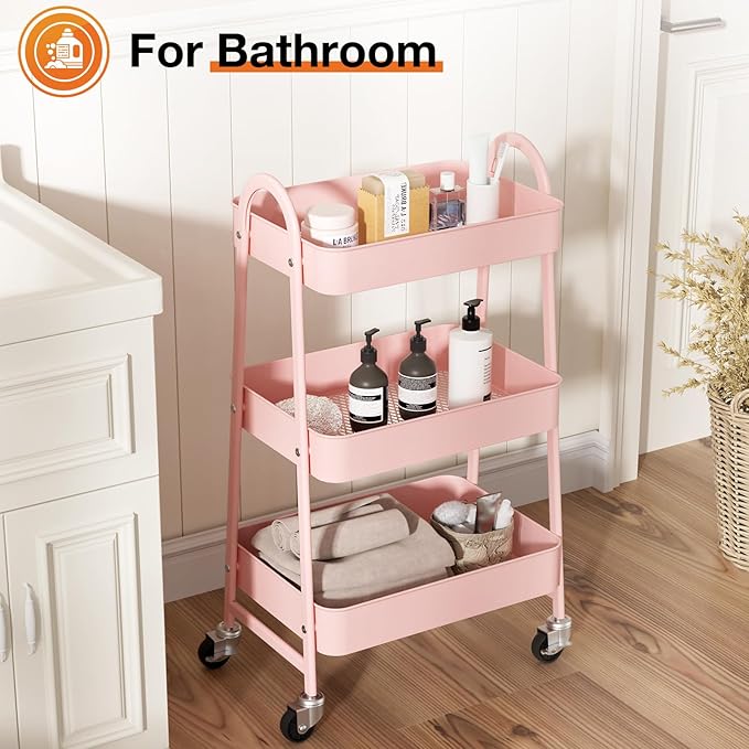 NEWBULIG 3-Shelf Metal Rolling Storage Utility Cart with Lockable Wheels | Mobile Organizer Shelf, Space-Saving, Freestanding, Bathroom, Living Room, Slim, Narrow Corner Spaces, Pink - Image 5