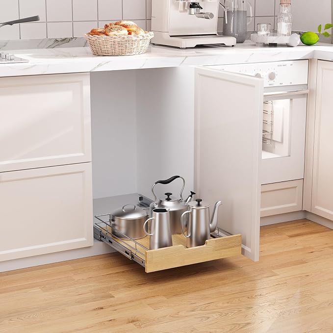 Sikarou Pull Out Cabinet Organizer 14"W x 21"D Wood and Wire Storage Shelf - Image 4