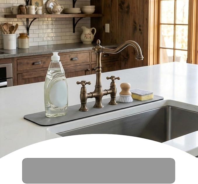 Customizable Kitchen Sink Faucet Mat: 24"Lx4"W Absorbent Splash Guard | Non-slip Fabric Rubber Mat, Cut to Fit Oval Rectangle Square Faucet & 2,3,4 Holes Irregular Sink with Soap Dispenser Air Gap by EazziSwitch