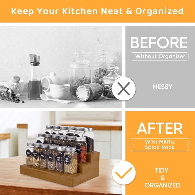 Bamboo Spice Rack Organizer for Cabinet 2 Pack - 3 Tier Countertop Step Shelf, Seasoning Storage Stand for Kitchen Pantry, Spice Holder for Jars Bottles Cans (Brown) - Image 2