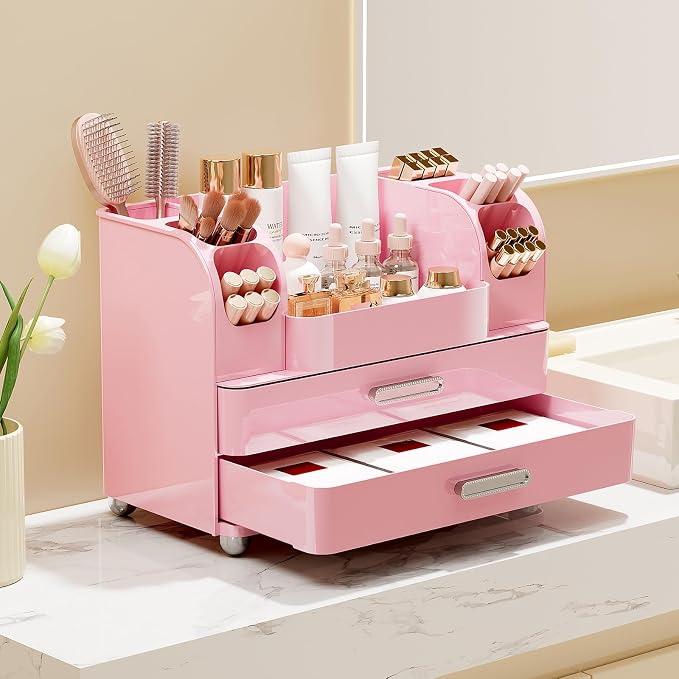 UFORU Makeup Organizer Countertop with 2 Large Drawers for Vanity Bathroom | Brush Holder, Large Capacity, Thickened Plastic, Compact Footprint, Space-Saving Design, Easy Clean, Ideal for Dorm Rooms - Image 2