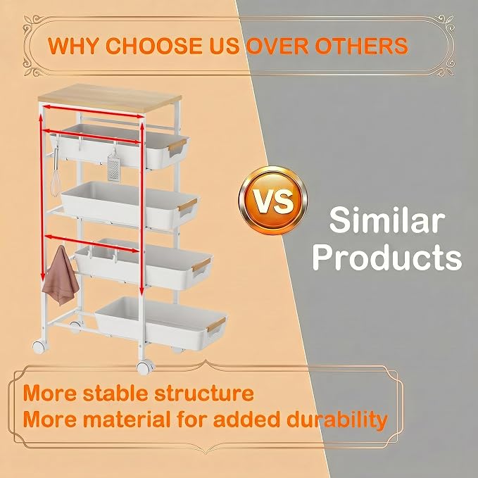 5-Tier Slim Storage Cart, Wooden Top Rolling Kitchen Cart with Pull-Out Baskets & Wheels, Narrow Space Utility Cart Slide Out Organizer for Kitchen, Bathroom, Laundry Room, White - Image 7