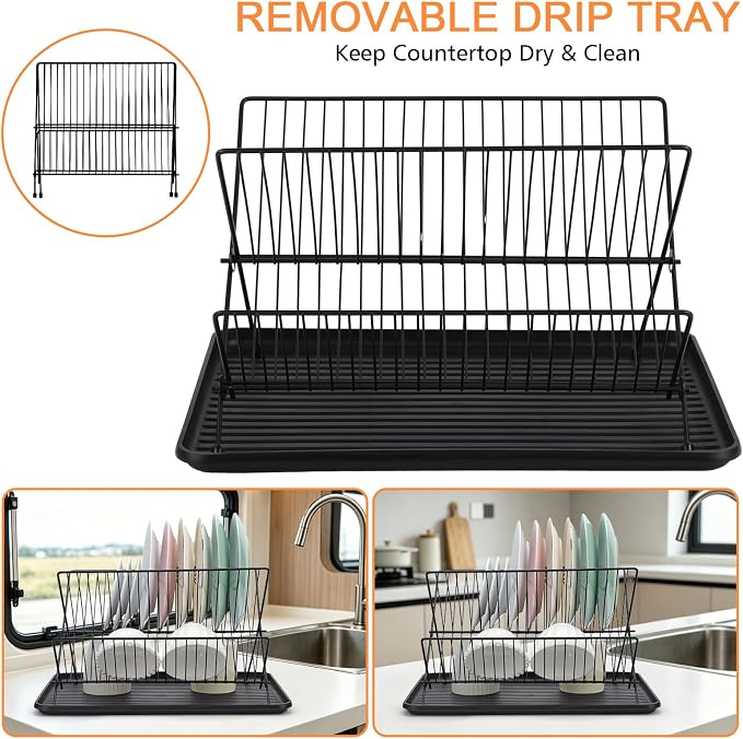 RV Foldable Dish Drying Rack, 2-Tier with Drip Tray, Stainless Steel Collapsible Rack for Sink & Kitchen Countertop, Space-Saving Dish Drainer Organizer for Dishes, Bowls, Plates, Cups - Image 6