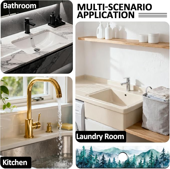 2 Pcs Kitchen Sink Splash Guard Faucet Mat Watercolor Forest Pattern Faucet Mat for Sinks Absorbing Drying Mat for Kitchen Bathroom, 23.6x5.5inch - Image 7