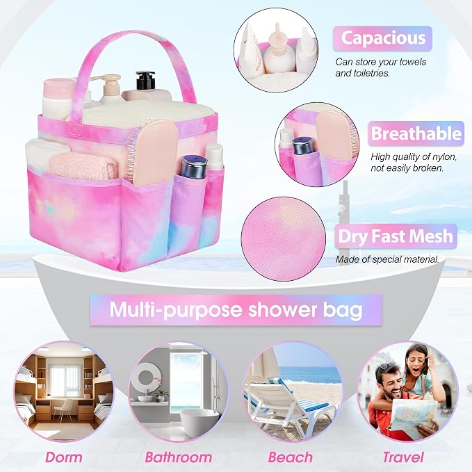 Mesh Shower Caddy Portable - 9 Pockets for College Dorm Room Essential | Large Capacity Mesh Shower Caddy with 9 Pockets, Portable Hanging Toiletry Bag for College Dorm, Gym, Camping and Beach - Image 3