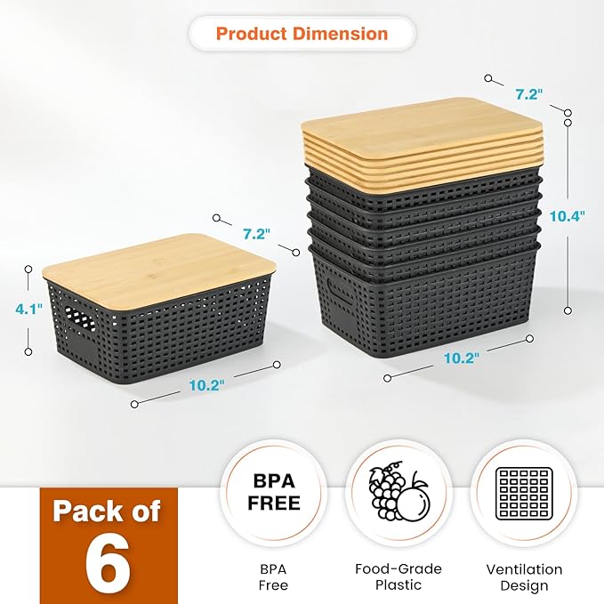 Ohmlove 6 Pack Plastic Storage Baskets with Bamboo Lids for Organization | Stackable Storage bins, Storages Baskets for Organizing Shelves Drawers Desktop Closet Playroom Classroom Office,Black - Image 2