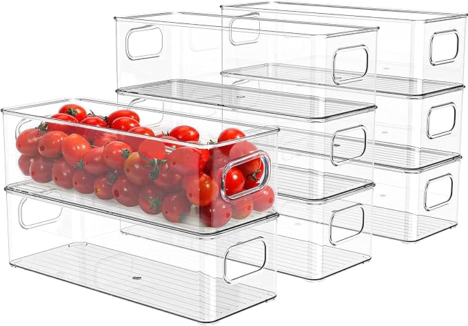 Set of 8 Refrigerator Pantry Organizer Bins - Stackable Fridge Organizers with Handles for Pantry, Freezer, Kitchen, Countertops, Cabinets - Clear Plastic Food Storage Bins by KAVDNAE