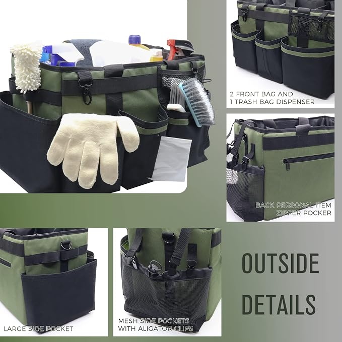 SCAVATA Wearable Cleaning Caddy Organizer with Handle & Shoulder Straps for Housekeepers, Under Sink & Car Cleaning Tool Organizer Bag with 4 Foldable Dividers (Green) - Image 3