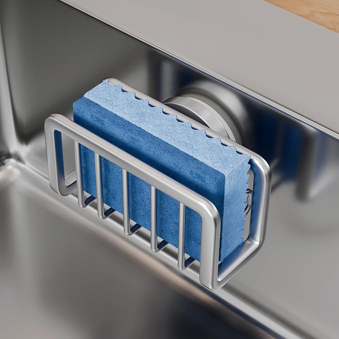 TAILI Silver Sponge Holder for Kitchen Sink with Strong Suction Cup | Removable Sink Caddy for Kitchen Sink Oganizer, Rustproof Aluminum Sink Sponge Holder for Scraper Brushes, Stoppers by TAILI