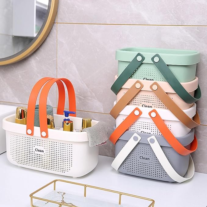 Portable Shower Caddy Basket with Handles Plastic Storage Basket Small Grey | Sturdy Drainage Large Capacity Organizer Basket with Silicone Handles for Bathroom Kitchen Bedroom College Dorm Essentials - Image 3