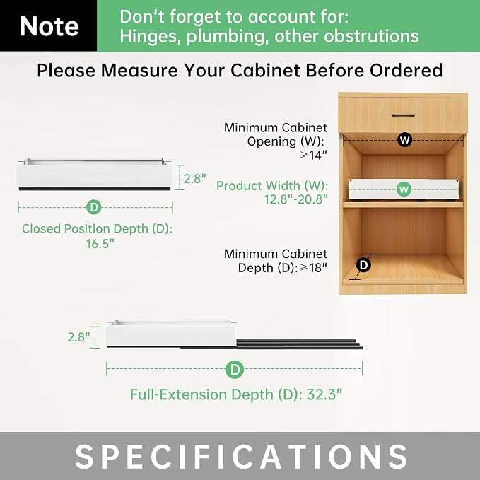 Pull out Cabinet Organizer, 2 pack, 16.5" Deep Heavy Slide out Drawers, Upgrade Three Triple-Slide Rail Systems, Expandable 12.8"-20.8" Roll out Shelf Storage for Kitchen Base Cabinet Organization - Image 3