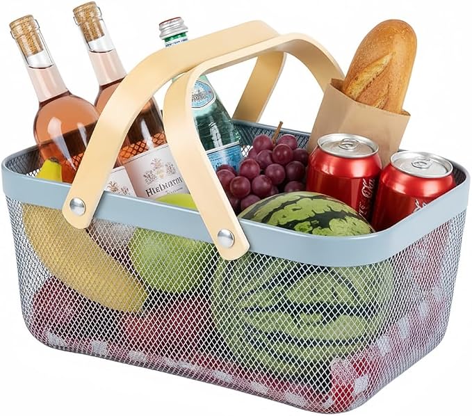 Portable Mesh Harvest Basket - Natural Bamboo Handle Foldable Organizer for Kitchen, Garden & Picnic | Ventilated Storage Bin with Rust-Proof Wire, Space-Saving Farmhouse Decor (Blue) by Ymeibe