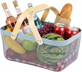 Portable Mesh Harvest Basket - Natural Bamboo Handle Foldable Organizer for Kitchen, Garden & Picnic | Ventilated Storage Bin with Rust-Proof Wire, Space-Saving Farmhouse Decor (Blue) by Ymeibe